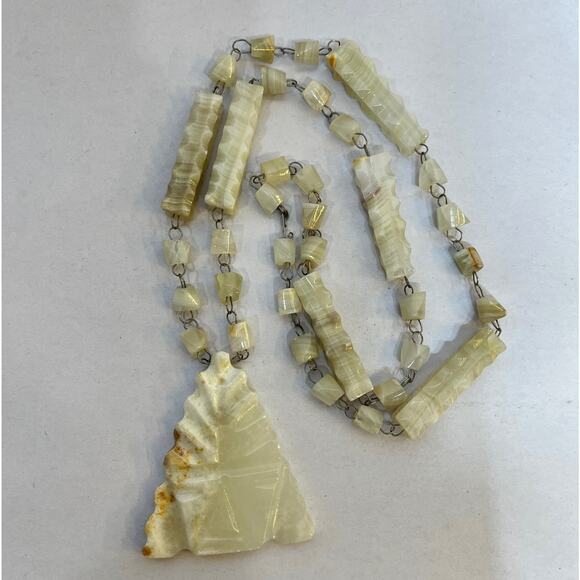 Hand Carved Quartz Beaded Necklace 13" Triangle Pendant 2.25 x 1.75" White/Tan - Picture 3 of 6